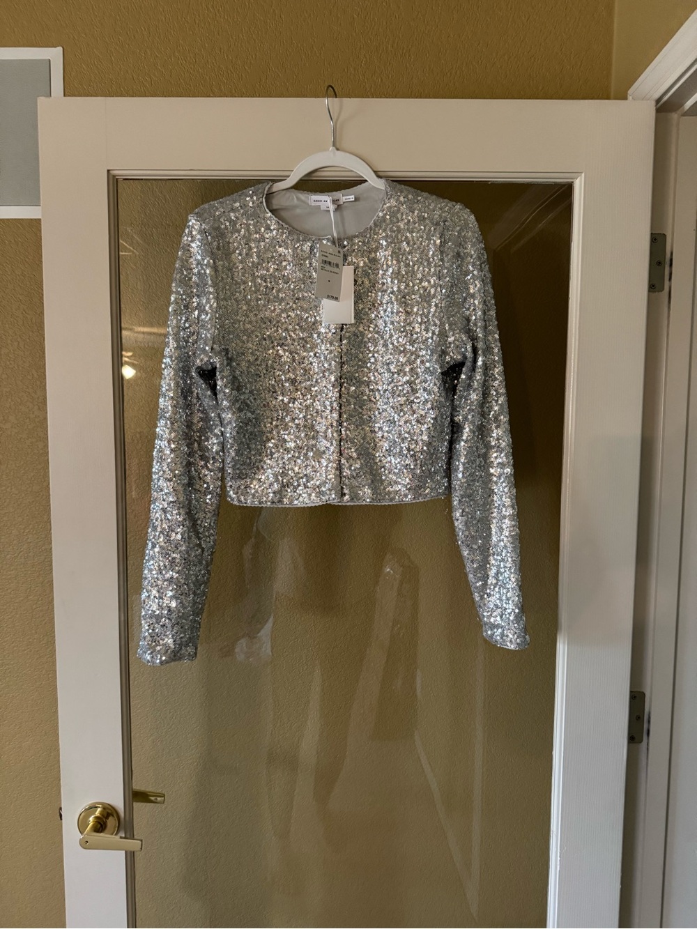 Good American Silver Sequin Cropped Jacket